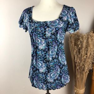 Speechless Paisley Print Short Sleeve Blouse Small Blue Black Purple